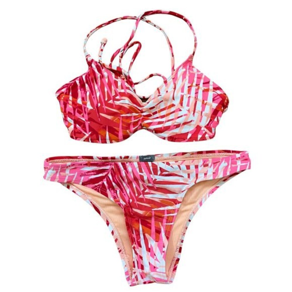 Aerie Strappy Leaf Print Halter Two Piece Bikini Swimsuit Red Size XS